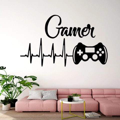 Adesivo Murale in Vinile Gamer Con Controller di Gioco e Modello di Battito Cardiaco per Camera dei Bambini Soggiorno Nero