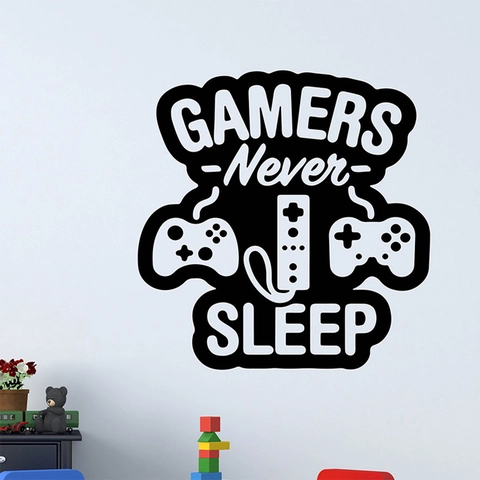 Adesivo da Parete Gamers Never Sleep Controller da Gioco Joystick PVC Impermeabile Rimovibile Decorazione per Camera da Letto Gamer