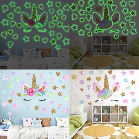 Leuchtende Einhorn Wandaufkleber Leuchtende Stern Herz Diamant Wandtattoos PVC Dekorative Aufkleber Für Kinderzimmer Zuhause