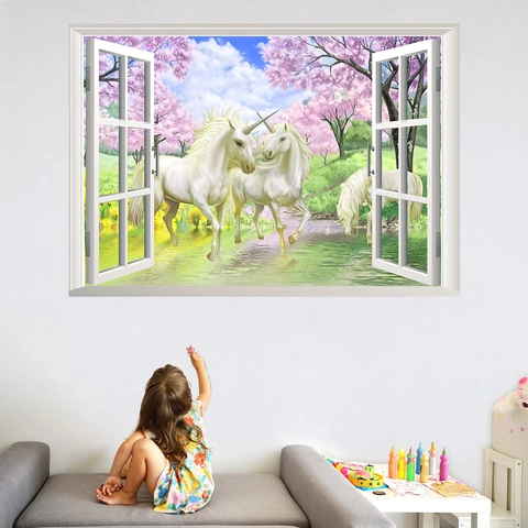 3D Falsches Fenster Einhorn Wandtattoo Kirschblüte Traumhaft Wald Landschaft PVC Wasserdicht Aufkleber Für Kinderzimmer Deko