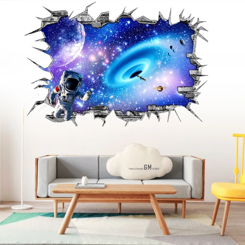 Adesivo da Parete Spazio 3D Effetto Muro Rotto Astronaute Galassia Cielo Stellato Decalcomania per Camera Bambini PVC Casa