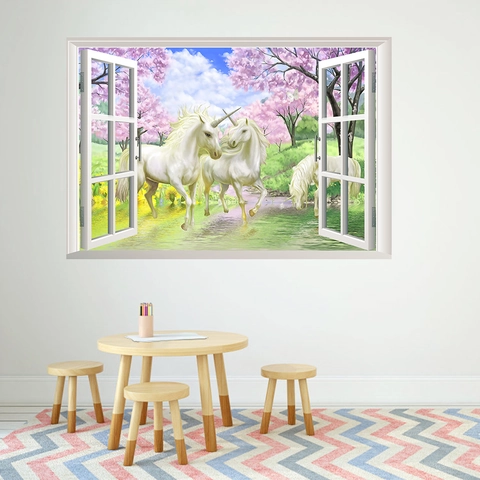 3D Falsches Fenster Einhorn Wandtattoo Kirschblüte Traumhaft Wald Landschaft PVC Wasserdicht Aufkleber Für Kinderzimmer Deko