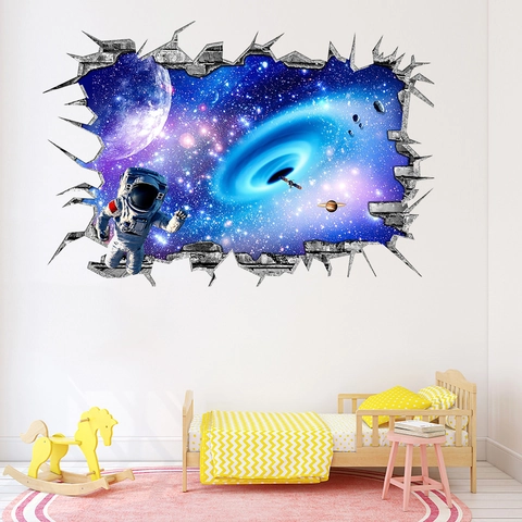 Adesivo da Parete Spazio 3D Effetto Muro Rotto Astronaute Galassia Cielo Stellato Decalcomania per Camera Bambini PVC Casa