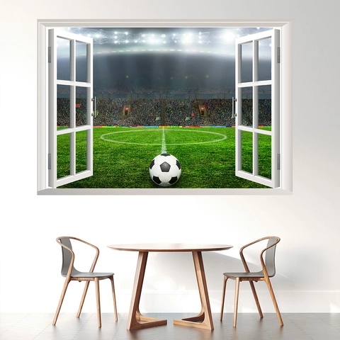 3D Soccer Field Wall Sticker Fake Window View PVC Removable Waterproof Stadium Mural For Kids Room Bedroom Home Decor