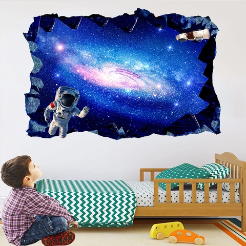 3D Visual Astronaut Galaxy Wall Stickers Fake Window Space Starry Sky Printed Waterproof PVC Mural For Kids Room Home Decor