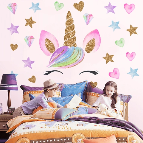 Dromerige Eenhoorn Sterren Harten Muurstickers Waterdichte PVC Gouden Glitter Decals Voor Kinderkamer Slaapkamer Decoratie