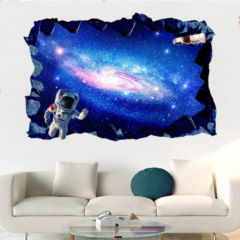 3D Visual Astronaut Galaxy Wall Stickers Fake Window Space Starry Sky Printed Waterproof PVC Mural For Kids Room Home Decor