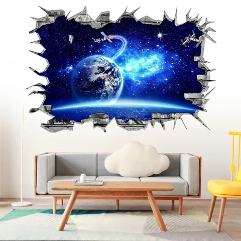 Adhesivo de Pared 3D Pared Rota Tierra Espacio PVC Impermeable Astronauta Satélite Estrellas Calcomanía para Sala de Estar