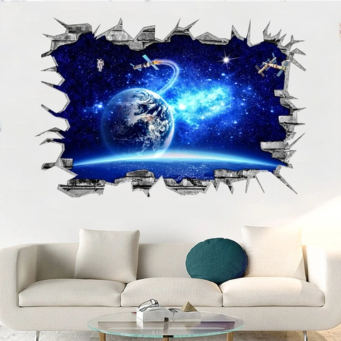 Adhesivo de Pared 3D Pared Rota Tierra Espacio PVC Impermeable Astronauta Satélite Estrellas Calcomanía para Sala de Estar