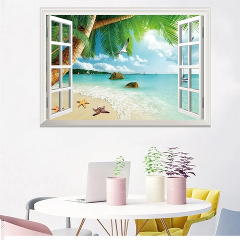 3D Fenster Strand Landschaft Wandaufkleber PVC Wasserdicht Tropisch Palme Meerblick Wandbild Haus Deko Für Wohnzimmer
