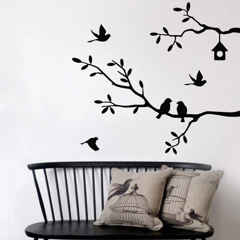 Pegatina de Pared Desmontable de Rama de Árbol Pájaros Impermeable PVC Silueta Natural Calcomanía Para Dormitorio Sala de Estar