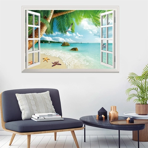 3D Fenster Strand Landschaft Wandaufkleber PVC Wasserdicht Tropisch Palme Meerblick Wandbild Haus Deko Für Wohnzimmer