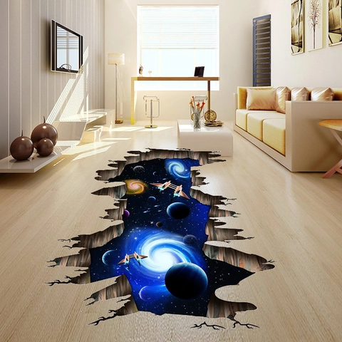 3D Visueller Weltraum Galaxie Zerbrochene Wandaufkleber Planet Universum Raumschiff Bodenaufkleber Wasserdicht PVC Home Decor Abnehmbar Wohnzimmer Schlafzimmer