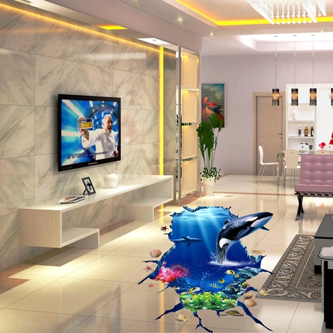 Adhesivo de Suelo 3D Mundo Oceánico Ballena Delfín Efecto Suelo Roto PVC Impermeable Calcomanía para Sala de Estar Baño Hogar