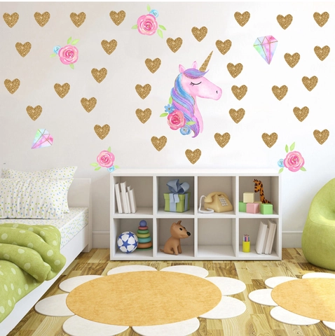 Adesivo Murale Unicorno Acquerello Corona Sognante Rosa Floreale Cuore Oro Arcobaleno Diamante PVC Fai da Te per Cameretta Bambine