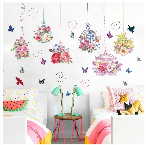 Adesivi Murali PVC Removibili Gabbia per Uccelli Fiori Farfalla Multicolore Impermeabile Decorazioni per Soggiorno Camera da Letto
