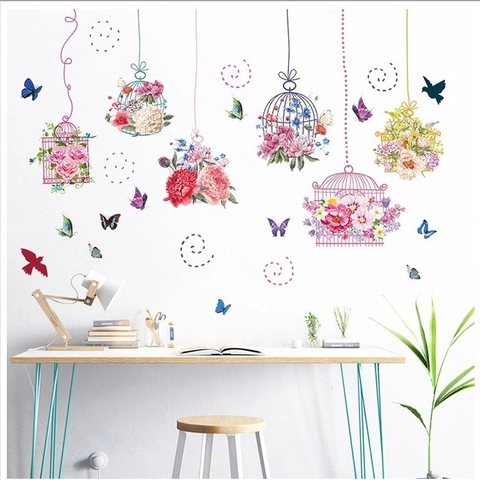 Adesivi Murali PVC Removibili Gabbia per Uccelli Fiori Farfalla Multicolore Impermeabile Decorazioni per Soggiorno Camera da Letto
