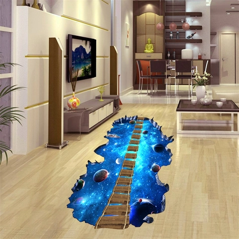 Sticker 3D Univers Ciel Étoilé Espace pour Sol Mur Amovible Imperméable PVC Décalcomanie Planètes Pont en Bois Design Décoration Maison
