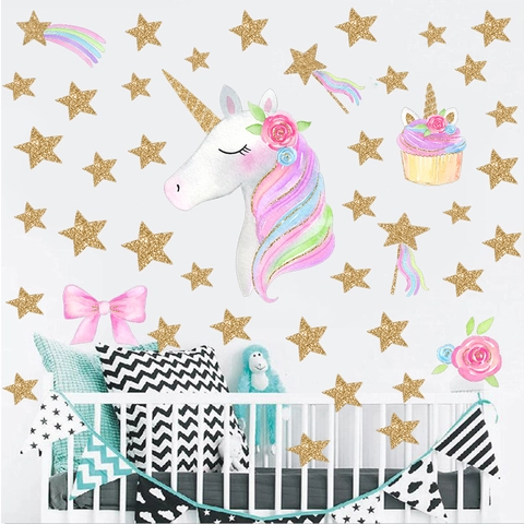 Watercolor Unicorn Wall Stickers For Kids Room Bedroom Decor Dreamy Stars Crown Removable PVC Nursery Wall Decals