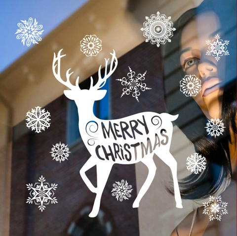 Pegatinas de Navidad para Ventanas Reno Blanco Copo de Nieve Adhesivos Estáticos Para Cristal Navidad Fiesta Hogar Decoración