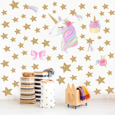 Watercolor Unicorn Wall Stickers For Kids Room Bedroom Decor Dreamy Stars Crown Removable PVC Nursery Wall Decals