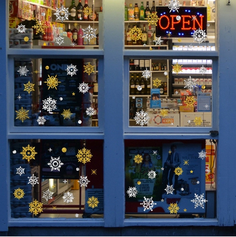 Weihnachten Schneeflocke Fensteraufkleber PVC Wasserdicht Abnehmbar Gold Silber Glitzer Stern Aufkleber Für Shop Glas Feiertag Home Dekor