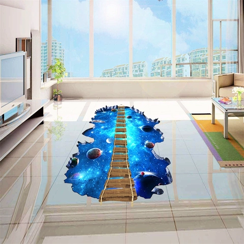 Sticker 3D Univers Ciel Étoilé Espace pour Sol Mur Amovible Imperméable PVC Décalcomanie Planètes Pont en Bois Design Décoration Maison