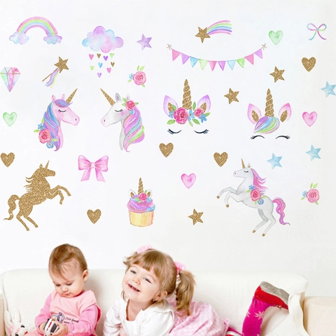 Adesivi Murali Unicorno Arcobaleno Acquerello DIY Cartone Animato PVC Decalcomania Per Camera Bambini Decorazione Casa Impermeabile Arte Murale