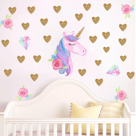 Adesivo Murale Unicorno Acquerello Corona Sognante Rosa Floreale Cuore Oro Arcobaleno Diamante PVC Fai da Te per Cameretta Bambine