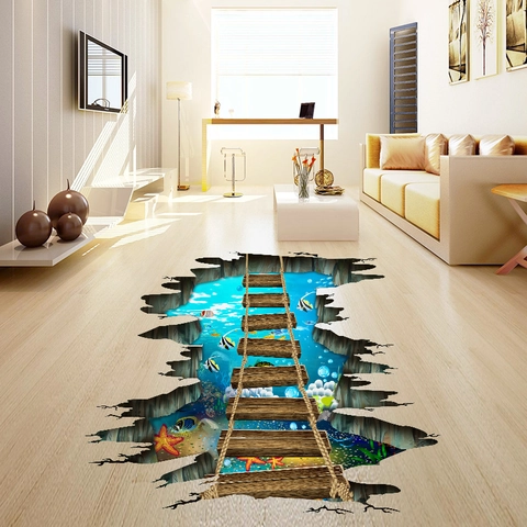 3D Broken Wall Unterwasserwelt Holzbrücke Bodenaufkleber Wasserdicht Rutschfest PVC Wandtattoo Für Wohnzimmer Home Dekor
