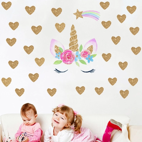 Cartoon Einhorn Augen Wandaufkleber Glitzer Gold Herz Blume Wandtattoos Für Kinderzimmer Schlafzimmer Dekoration Wasserdicht PVC Mural