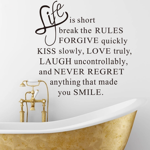 Adesivo da Parete Frasi Ispiratrici Life Is Short Break The Rules Lettere Nere Rimovibili Decorazione Casa Moderna