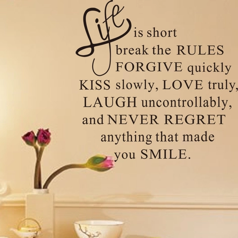 Adesivo da Parete Frasi Ispiratrici Life Is Short Break The Rules Lettere Nere Rimovibili Decorazione Casa Moderna
