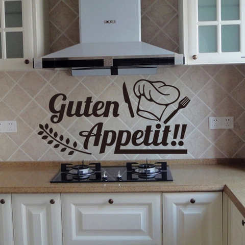 Guten Appetit Kitchen Wall Sticker Removable PVC Decal With Chef Hat Cutlery Pattern For Dining Room Decor Black White