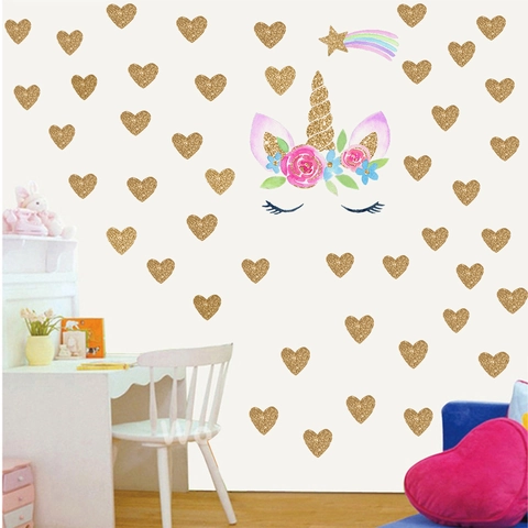 Cartoon Einhorn Augen Wandaufkleber Glitzer Gold Herz Blume Wandtattoos Für Kinderzimmer Schlafzimmer Dekoration Wasserdicht PVC Mural