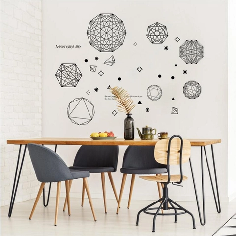 Adhesivo de Pared de Poliedro Geométrico Negro Minimalista de PVC Impermeable Con Cita para Sala de Estar Dormitorio