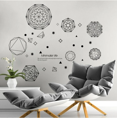 Adhesivo de Pared de Poliedro Geométrico Negro Minimalista de PVC Impermeable Con Cita para Sala de Estar Dormitorio