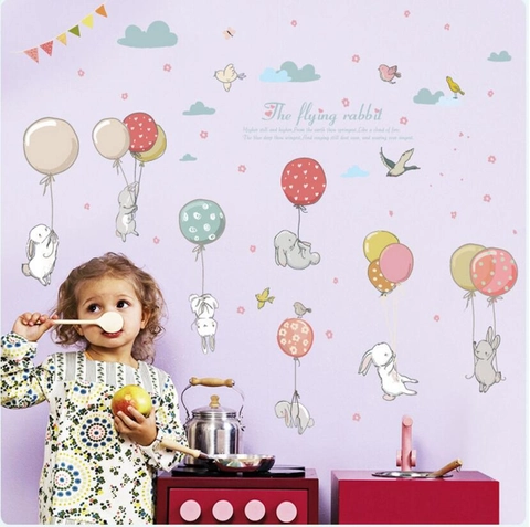 Cartoon Flying Rabbit Balloons Wall Stickers PVC Waterproof Nursery Kids Room Wardrobe Decorative Decal DIY Wall Mural