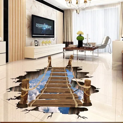 Adesivo per Pavimento 3D Ponte di Legno Abisso PVC Impermeabile Removibile Grande Decalcomania da Parete Decorazione Casa