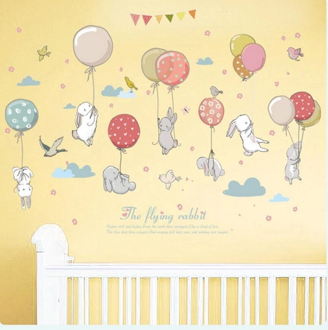 Cartoon Flying Rabbit Balloons Wall Stickers PVC Waterproof Nursery Kids Room Wardrobe Decorative Decal DIY Wall Mural