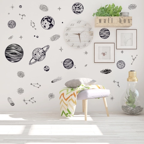 Zonnestelsel Ruimte Planeten Muurstickers Zwart Wit Schets Verwijderbaar PVC DIY Astronomie Muursticker Voor Woonkamer Decoratie