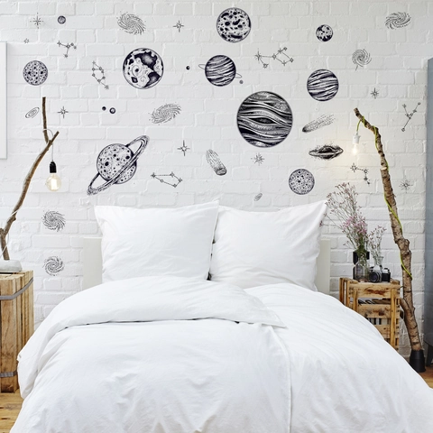 Zonnestelsel Ruimte Planeten Muurstickers Zwart Wit Schets Verwijderbaar PVC DIY Astronomie Muursticker Voor Woonkamer Decoratie
