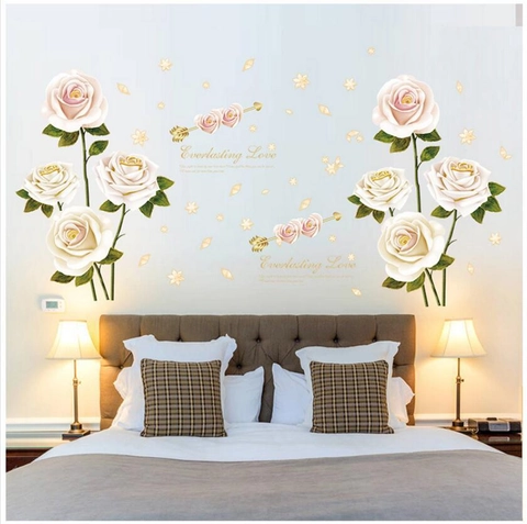 Pegatinas de Pared de Rosas Blancas y Rosas Románticas de PVC Removibles Patrón Everlasting Love Decoración Dormitorio