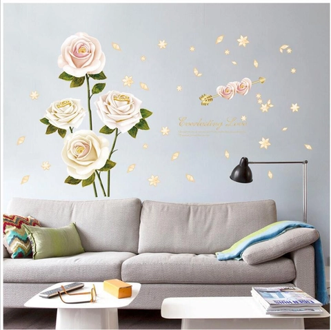Pegatinas de Pared de Rosas Blancas y Rosas Románticas de PVC Removibles Patrón Everlasting Love Decoración Dormitorio
