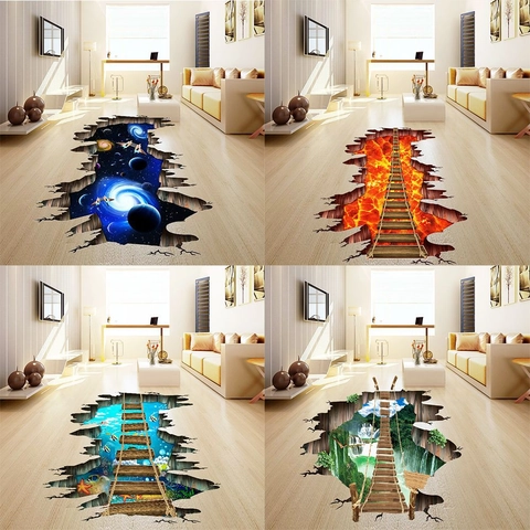 Pegatina de Pared Suelo 3D Estéreo Removible Impermeable PVC Efecto Suelo Roto Puente Colgante Galaxia Lava Decoración de Hogar
