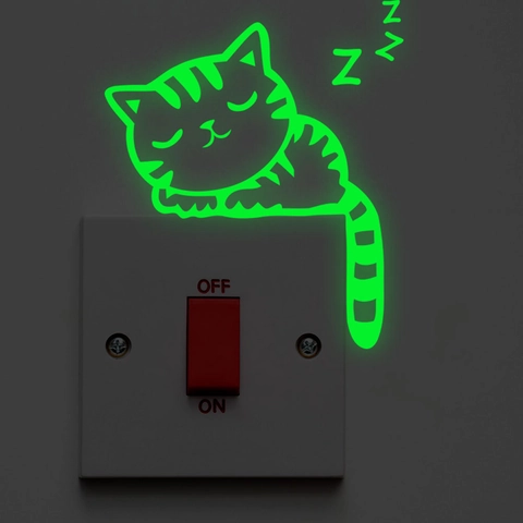 Pegatina de Interruptor de Gato Dormido Fluorescente Vinilo Calcomanía de Pared Animal Dibujos Animados DIY Decoración Infantil