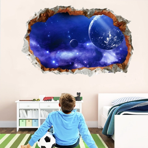 3D Gebroken Muur Ruimte Planeet Muursticker Waterdicht PVC Melkweg Sterrenhemel Decal Voor Woonkamer Slaapkamer Sieraden