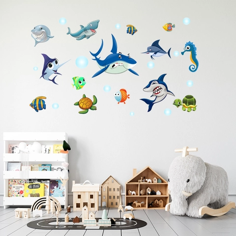 Adesivo Murale 3D Mondo Sottomarino Squalo Tartaruga Marina Cartone Animato Impermeabile PVC DIY Animali Oceano Decorazione Camera Bambini