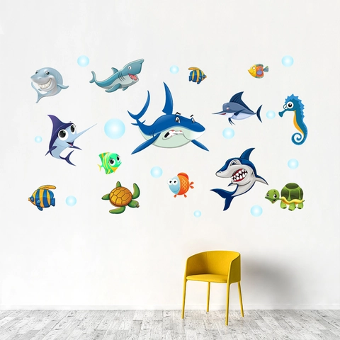 Adesivo Murale 3D Mondo Sottomarino Squalo Tartaruga Marina Cartone Animato Impermeabile PVC DIY Animali Oceano Decorazione Camera Bambini