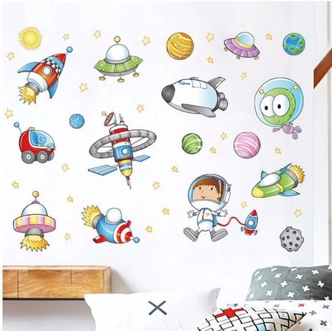 Cartoon Astronaut Rocket Space Wall Decal For Kids Room Nursery Decor PVC Removable Planet UFO Stars Home Wall Sticker